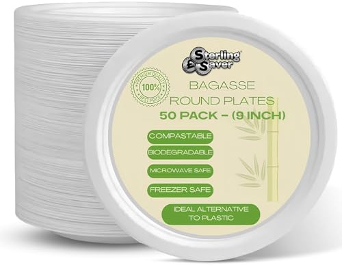 Sterling Saver 9 Inch White Bagasse Paper Plates 50 Pack | biodegradable and compostable material, hot and cold food suitable, clean white finish, convenient party supply