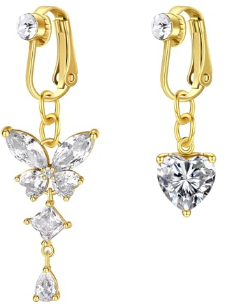 Rajnard Fake Bauchnabelpiercing Silber Gold Clip On Bauchnabel Piercing Chirurgenstahl Fake Belly Ring Piercing Herz Schmetterling CZ Diamant Piercing Schmuck für Damen Frauen