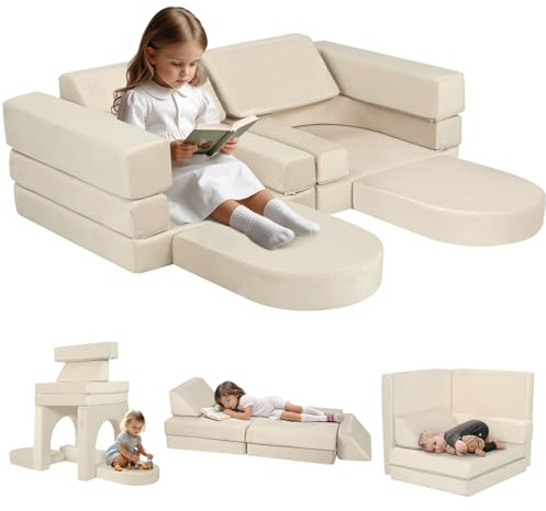 MeMoreCool Spielsofa Schlafsofa Kinder, Schaumstoff Soft Bausteine Couch, Fancy Spielsofa einen aufregenden Indoor-Spielplatz für das Kinderzimmer, Kuschelecke ideal für Kinder, Beige