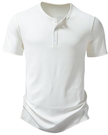 Men's Casual Grandad Collar Henley Shirt Smart Short Sleeve 3 Buttons Muscle Slim Fit Tee Summer Holiday Textured T Shirts Knitted Collarless Polo Tops-White-S