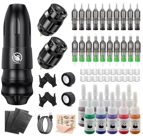 LIUMATE Wireless Tattoo Maschine Set mit 2 Stück Batterien Rotary Tattoo Pen Set Komplettes Tattoo Kit mit 20 Stück Patronen Nadeln 10 Tattoo Tinte für Anfänger und Tätowierer