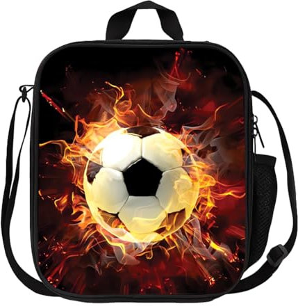 COIBWVI Soccer Print Lunch Tote, Portable Kids' Lunch Tote with Bottle Holder, Insulated Football Lunch Bag for Boys and Girls