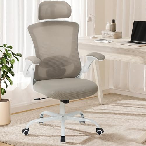 COLAMY Office Chair Mesh Computer Chair with Adjustable Headrest and Lumbar Support Ergonomic Desk Chair with Flip-up Armrest, 140° Rocking for Home Office Study, Khaki
