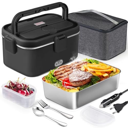 AUTOPkio Gamelle Chauffante 1,8L 80W, 12V 24V 220V Boîte à Lunch Electrique avec Sac Acier Inox Fourchette Cuillère pour Voiture Camion Bureau (Noir)