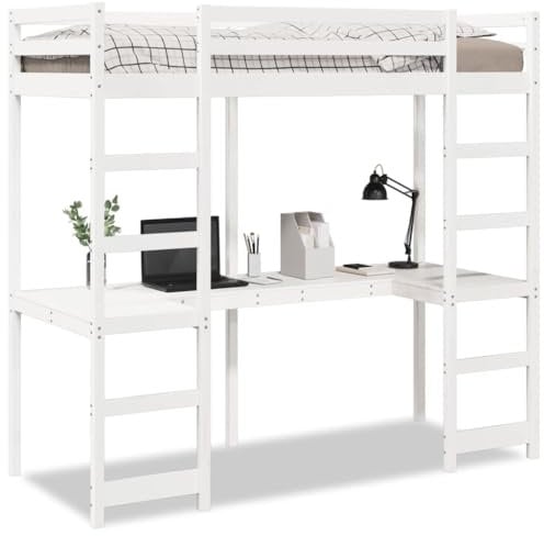 vidaXL Loft Bed Frame with Desk for Kids - White Solid Pine Wood, 90x200 cm, Compatible with Slatted Base