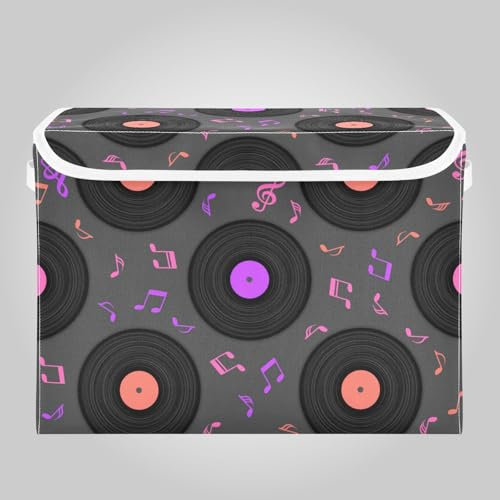 Yopersonalizes Storage Boxes with Lids, Record Music Notes Collapsible Fabric Storage Cube with Handles, Storage Baskets for Shelves Clothes Toys Wardrobe 42x32x30 cm