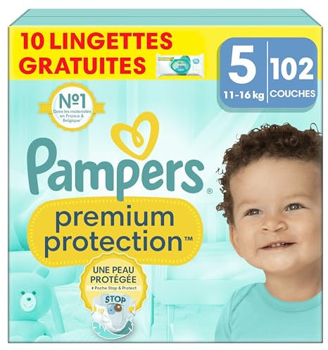 Pampers Premium Protection Taille 5, 102 Couches, 11-16kg, Double Protection Pour La Peau et Contre Les Fuites + 10 Lingettes Harmonie Aqua Gratuites