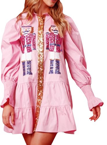 CocMouse Women's Christmas Tunic Mini Dress Sequin Nutcracker Shirt Dress Ruffle Long Sleeve Tiered Glitter Holiday Dresses (Pink, XXL)