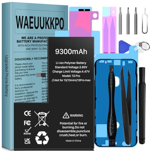 WAEUUKKPO [9300mAh] Batterie pour iPhone 13 Pro, Haute Capacité Batterie de Remplacement pour modèle A2636 A2638 A2639 A2640 A2483 avec kit d'outils de Remplacement