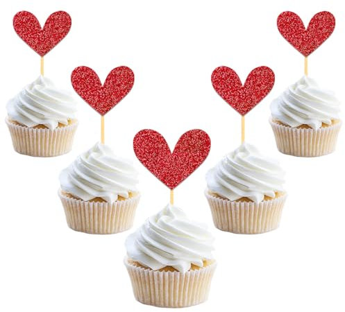 24 Stück Glitzer Liebe Herz Cupcake Toppers, Muttertag Deko Tortendeko, Valentinstag Rubinhochzeit Gemischte Größe Kuchendeko für Jahrestag Braut Geburtstag Heiratsantrag Verlobung Party Deko (Rot)