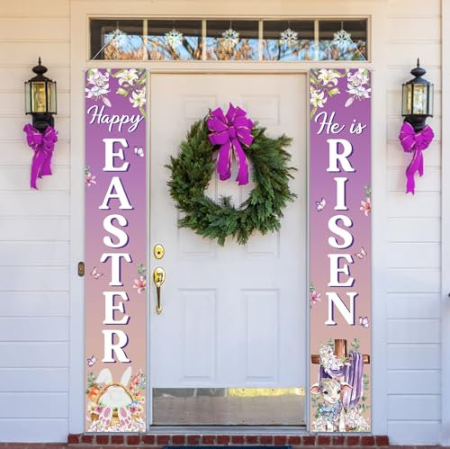 2stk Happy Easter He Is Risen Veranda Schild Banner, Oster Tür Banner Er Ist Auferstanden Hängedekorationen Eier Hase Jesus Veranda Schild für Zuhause Draußen Drinnen Wand Haustür