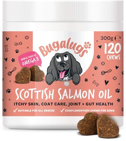Bugalugs Scottish Salmon Oil Chews For Dogs, Dog Supplement Supports Skin And Coat, Dog Itchy Skin & A Moulting, Omega 3 Fish Oil (120 Chews, Salmon)