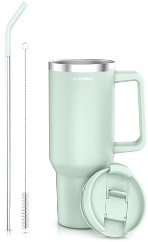 Arendo – Trinkflasche Thermobecher Doppelwandig - 1200 ml – Vakuumgehäuse Edelstahl - Kaffeebecher Auslaufsicher - luftdichter Verschluss - mit Strohhalm - Für Heiß- und Kaltgetränke