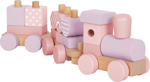 small foot Train en Bois Rose, Jouet à emboîter et à empiler avec 14 éléments, Train décoratif en Bois Robuste, à partir de 12 Mois, 12694