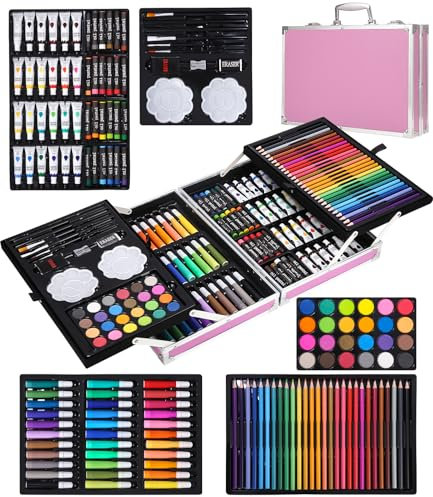 SOBEAU 144-teilig Malset, Malkoffer Kunstset, Zeichenstifte Professionell Set mit Buntstifte, Wasserfarben, Ölpastellfarbe, Farben und Kohlebleistiften, Geschenk für Kinder und Erwachsene, Rosa