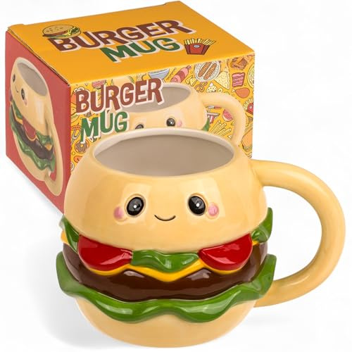 MIJOMA Gobelet kawaii Dolomite Burger 440 ml - Relief 3D avec visage - Émaillé et stable - Pour café, thé, cacao