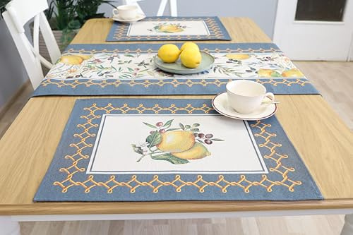 Lot de 4 sets de table lavables - 40 x 50 cm - Tissu 100 % gobelin jacquard - Dessous de verre réutilisables de qualité supérieure - Pour mariage, anniversaire, cuisine, café, citron