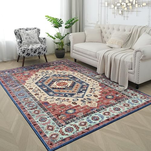 Xfrog Teppich Wohnzimmer Waschbare Teppiche Gegend Kurzflor Vintage Teppich Schlafzimmer Rot 160x230CM