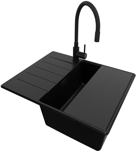 PRIMAGRAN Granitspüle ab 45er Unterschrank + Küchenarmatur, 62x50cm | Set: Küchenarmatur BW6020 + Ablauf-Set + Schneidebrett + Eckspüle 1 Becken - Kopenhagen, Alles Schwarz