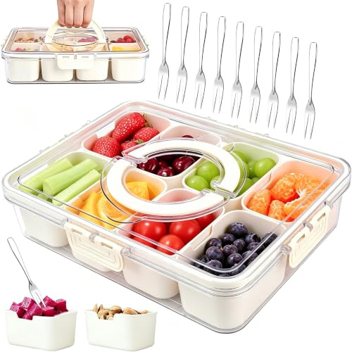 TZEKING Snack Box,Caja de Snackscon 8 Compartimentos,Bandeja Aperitivos Portátil,Contenedor Dividida Organizadorcon 8 Tenedores Acero Inoxidable,Aperitivos con Tapa Cajas para Dulce Fruta Galleta