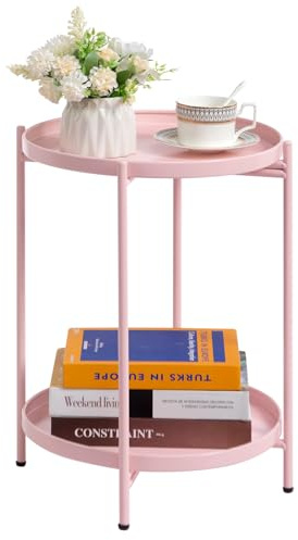 HollyHOME Beistelltisch Metall Rund Balkontisch Klein Couchtisch | Nachttisch Sofatisch 2 Ebenen Beistelltisch für Wohnzimmer Schlafzimmer Terrasse Outdoor, Rosa