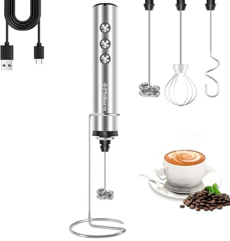 Philorn Elektrischer Milchaufschäumer Handheld Stab, Batteriebetrieben | 3 Geschwindigkeitsstufen 3 Edelstahl-Schneebesen 1.200-mAh-Akku Edelstahlständer Für Milch, Kaffee, Cappuccino & Matcha
