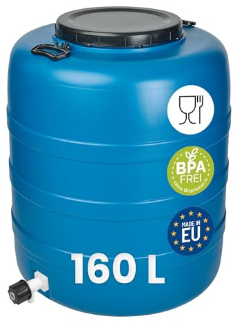 Garronda 160 L mit Hahn Weithalsfass Futtertonne Wassertank GD-0186 | Blau, mit Deckel, für Wasser, Lebensmittel, Lagerung und Fermentierung, als Kunststofffass, Gärbehälter und Vorratsfass