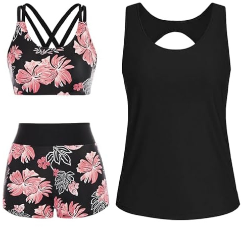 CheChury Costume da Bagno 3 Pezzi Push up Tankini Donna Vita Alta Costume Mare Curvy Tankini Taglie Forti Costumi Mare Stampa Floreale Costumi da Bagno Controllo Pancia Swimwear Sportivo Swimsuit