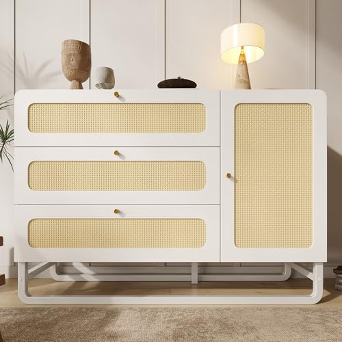Merax Sideboard Kommode Wohnzimmer 3 Schubladen & 1 Türschrank, Höhenverstellbare Regale & Kippsicherung, Buffet Aufbewahrungsschrank Küchenschrank mit Rattan & Goldgriffen, Weiß/120x85x40 cm