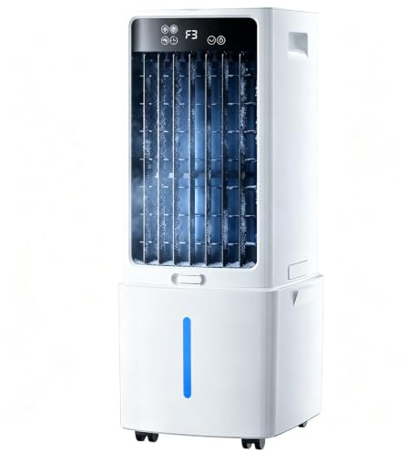 Enfriador de Aire Sin Tubo Depósito Extraíble 12L, 3 en 1 Climatizador Evaporativo Silencioso, 3 Velocidades, Temporizador 12H, Mando, 6 Bloques de Hielo para Casa