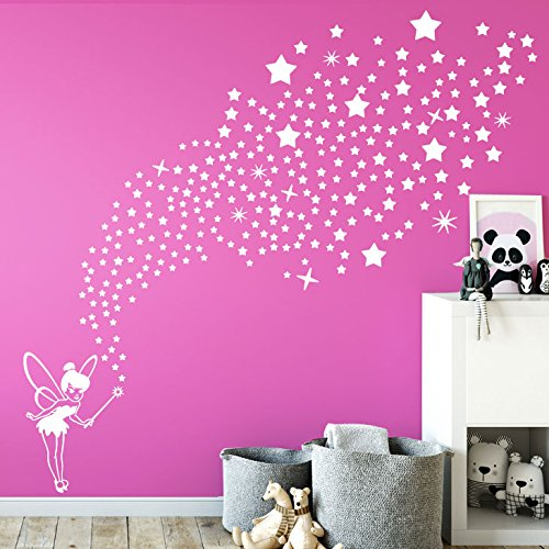 Grandora W5435 Wandtattoo Wandaufkleber Fee mit 266 Sternen Kinderzimmer Mädchen Traum weiß
