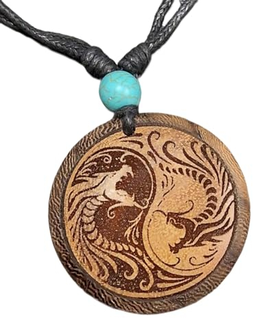 CHICNET Damen Herren Holzkette mit Türkis Stein Baumwolle Holz Anhänger in rund mit Fische oder Drachen Yin Yang Motiv Drachen