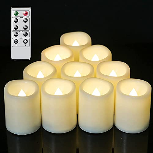 Eldnacele Battery Tea Lights, Remote Control Candles with Timer, 10 Pack | LED Tea Lights Flickering, 10-Key Remote, Warm White, Flameless, Plastic, Wavy Rim, 300+ Hour Runtime, Outdoor Lantern Decor