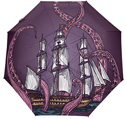 Parapluie automatique Wamika - Motif pieds de pieuvre - Coupe-vent - Imperméable - Protection UV - Compact - 3 plis - Bouton d'ouverture/fermeture automatique - Pour voiture, violet