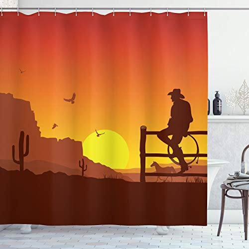 ABAKUHAUS amerikanisch Duschvorhang, Wild West Sunset Szene, Stoffliches Gewebe Badezimmerdekorationsset mit Haken, 175 x 200 cm, Burnt orange