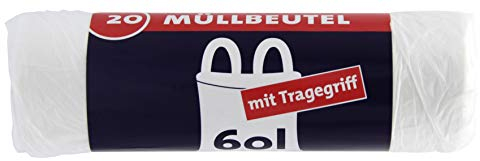 1000 Müllbeutel/Mülltüten mit Tragegriff, 60 Liter, 20 Stück pro Rolle, Reißfest & Flüssigkeitsdicht, Produkt & Verpackung recyclebar (50er Pack)
