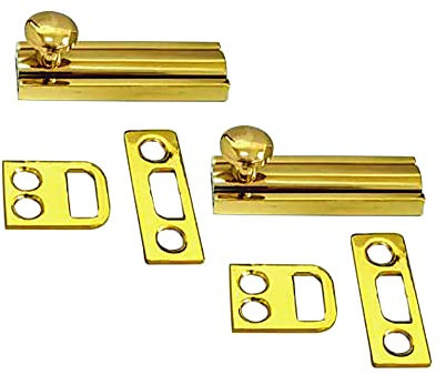 QCAA Solid Brass Surface Bolt, 2, Polished Brass, 2 Pack, Made in Taiwan