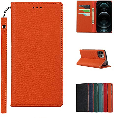 Copmob Case Compatible for iPhone 12/12 Pro With Card Holder With Strap,Genuine Leather Flip Wallet Case,[3 Slots][Magnetic Closure][RFID-Blocking],Phone Case Cover for iPhone 12/12 Pro - Orange