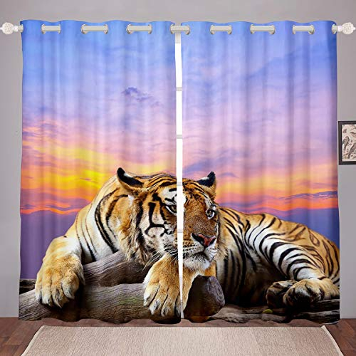 Tbrand Tiger Vorhänge Wildtiere Muster Fenstervorhang 245x140cm für Kinder Jungen Mädchen Safari Katzendruck Blickdichte Vorhänge Sonnenuntergang Natur Landschaft