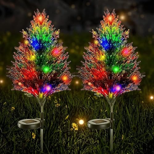 Solar Lights Outdoor Garden 2PCS, Solar Ground Lights IP65 Waterproof, Yard Decoration Solar Power Stake Led Outdoor Lighting Colourful Flickering Pine Lights for Yard Patio Lawn Pathway Christmas