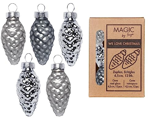 Inge Glas Magic Mini Weihnachtskugeln Zapfen 4,5cm 12 Stück Glas in Karton-Box (Hazy Grey | dunkelgrau Silber)