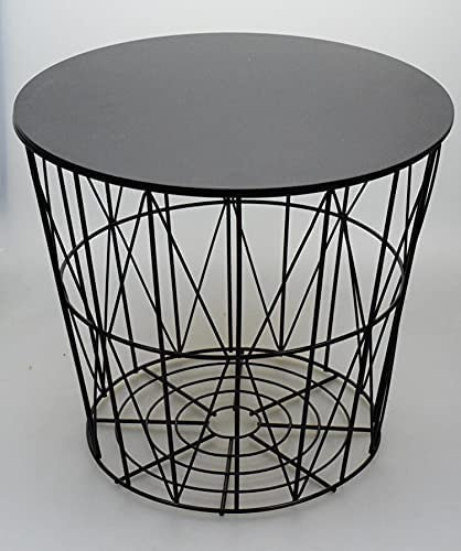HOMION Home modern round black wooden top geometric wire occasional coffee side table with lift off lid (Small)