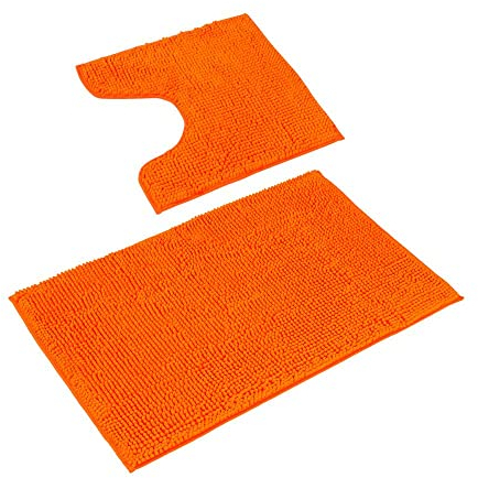 PANA® Badeteppich-Set 'Paris' • Flauschige Vorleger für Badezimmer und WC • Badezimmervorleger • Chenille Badematte • Set: 45 x 45 cm mit WC Ausschnitt + 50 x 80 cm • Farbe: Orange