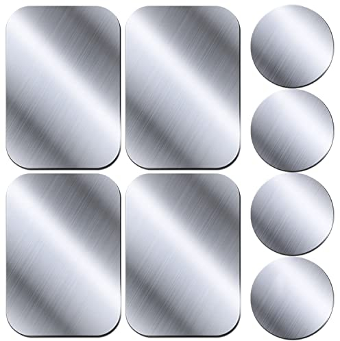 8 Piezas láminas Metálicas, Muy Finas Reemplazo de Placas de Metal para Soporte Movil Coche Magnético/Soporte iman movil Coche - Plata (4 Rectangulares y 4 Redondas)