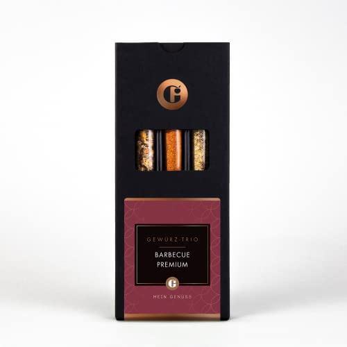 MEIN GENUSS Gewürz-Trio Barbecue Premium – Gewürze Probierset mit 3 unterschiedlichen Grill-Gewürzen – Grill-Zubehör Geschenkset – Geschenkidee für Männer und Grillmeister – BBQ Rubs & Spices
