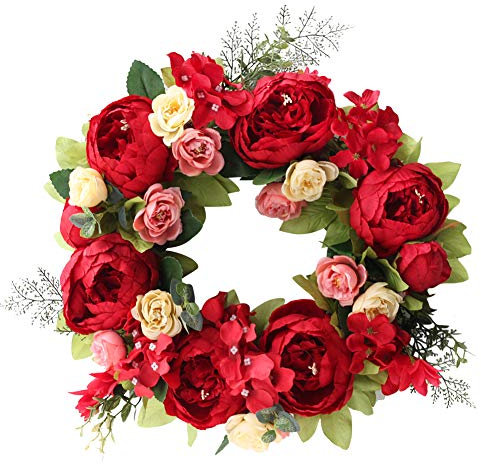 40cm Künstliche Türkränze, Pfingstrose Blumenkranz Tür Frühling Haustürkranz Ganzjährig Haustür Modern Eukalyptus Blumenkranz Türdeko Hängend Blumenkranz für Haustür Party Festival Hochzeitsdeko
