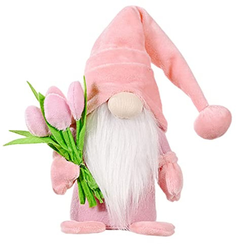 Frühlingswichtel,Stehende Niedliche Wichtel mit tulpen Blumensträuße Süßer Zwerg Wichtel Figuren Geschenk für Frauen Mama Hochzeitstag Freundin Ehefrau Muttertag Dankeschön Osterdekoration 37cm Rosa