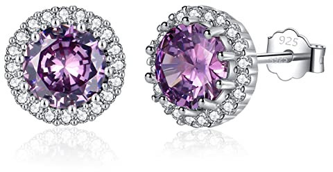 SNORSO Clous D'oreilles Argent Pour Femme Fille, Boucles d'oreilles Zircon Cubique Ronde, Boucles d'oreilles Améthyste Pierre de Naissance Violet Fevrier, Cadeau Anniversaire Mariage pour Femme Fille