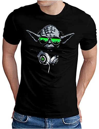 OM3® DJ-YODA T-Shirt - Herren - Deejay Headphones Party Club Music Beat Turntables - Schwarz, L