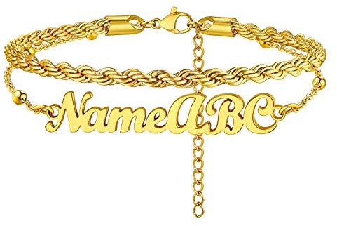 PROSTEEL Bracelet de Pieds Femme Double Couche Plaqué Or Chaîne de Cheville Prénom Personnalisé 22+5cm